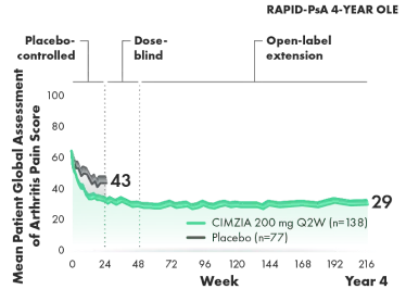 Graph that depicts the change from baseline in patient global assessment of arthritis pain through year 4.